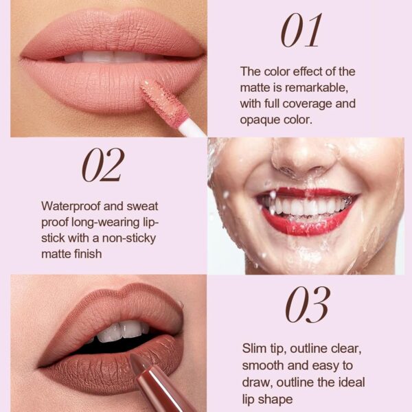 Lip Liner And Lipstick Set, Matte Liquid Lipstick Lip Liner Set Long Lasting Moisturizing Velvety Lipstick Matte Pink Lip Gloss Waterproof Non-Stick Cup Liquid Lipstick Lipliner Make Up Gift Set