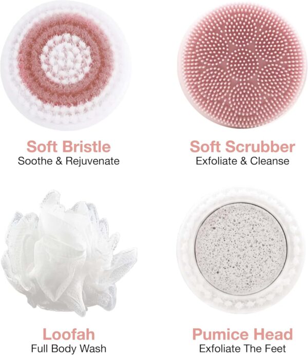 JML NuYou Electric Body Brush - Battery Silicone Body Scrubber with 4 Interchangeable Heads to Cleanse, Massage and Exfoliate - Foot and Back Scrubbers for use in Shower and Bath with Long Handle
