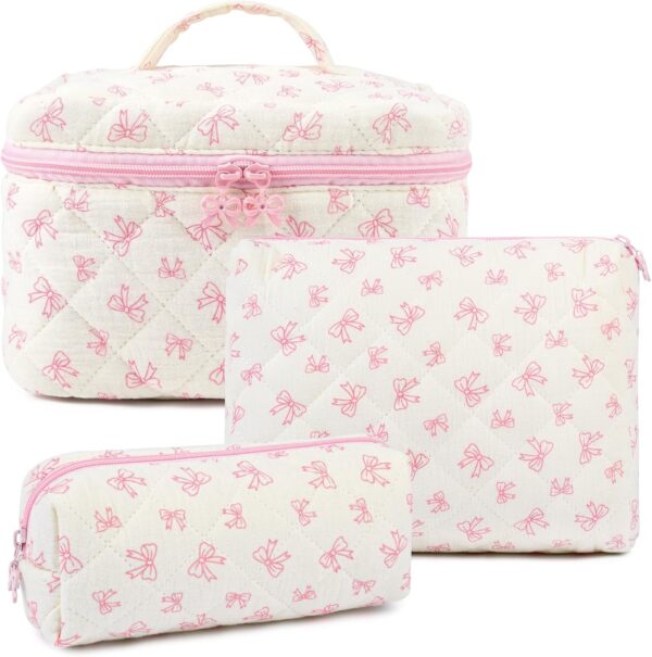 3PCS Makeup Bag Quilted Makeup Bags Set Cute Large Cosmetic Bag for Women Girls Coquette Aesthetic Toiletry Bag Travel Make Up Organizer Skincare Bag