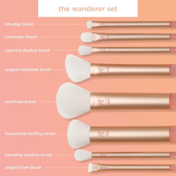 REAL TECHNIQUES The Wanderer Make up Brush Kit, Premium and Professional 8 Midi-size Brush Set with Bag, Soft Bristles, Foundations, Powders, and Concealers, Gold