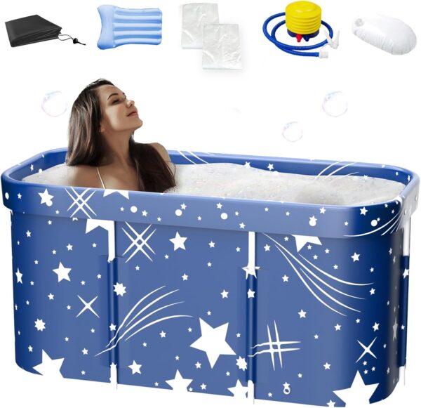 folconroad Portable Bath Adult, Double Foldable Bathtub, Soaking Standing Bath Tub for Adults Kids, Ideal for Hot Bath Ice Bath (Starry Blue)