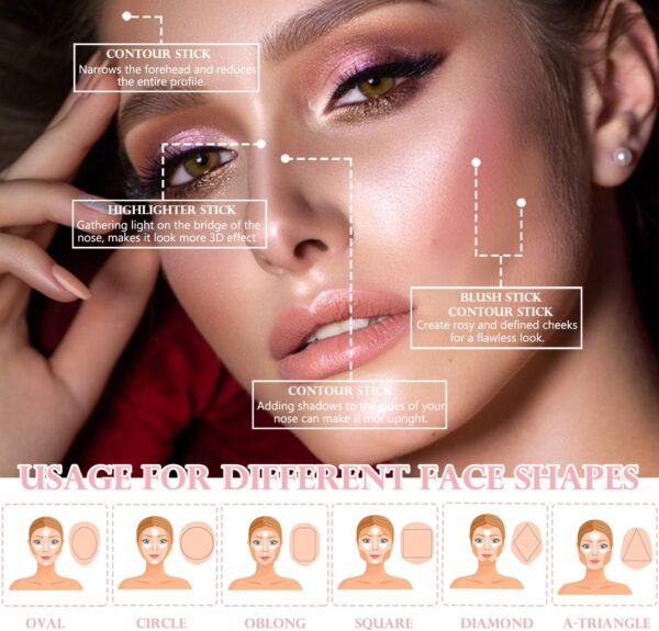 3Pcs Contour Highlighter Blush Sticks with Brush - Cream Contour Bronzer Stick for Cheeks Eyes Lips, Long Lasting Waterproof Smooth Makeup Sticks for All Skin Type Face Makeup