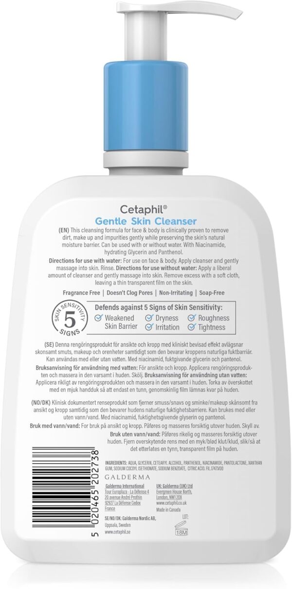 Cetaphil Gentle Skin Cleanser, 473ml, Face & Body Wash, For Normal To Dry Sensitive Skin, With Niacinamide & Glycerin, Soap Free