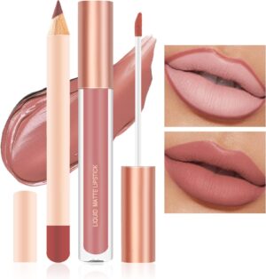 Prreal 2Pcs Lip Liner and Lipstick Makeup Set, Matte Liquid Lipstick + Matching Lip Liner, Nude Velvety Lipstick Makeup Kit, Waterproof Long Lasting labiales mate 24 horas originales (07)