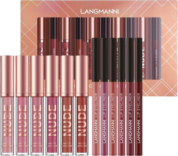 6 Matte Lipstick with 6 Lipliners Durable Lip Gloss,Long-Lasting&Waterproof Non-Stick Cup High Pigmented Velvet Lipgloss Kit,Beauty Cosmetics Gift for Girls(12PCS)
