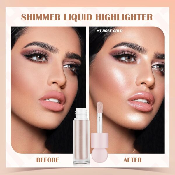 Liquid Highlighter Natural Glow For Face & Body, Waterproof Moisturizing Highlighter Makeup For Long Lasting Shimmer, Contour Liquid Luminizer Easy to Use with Cushion Applicator (#3 Rose gold)