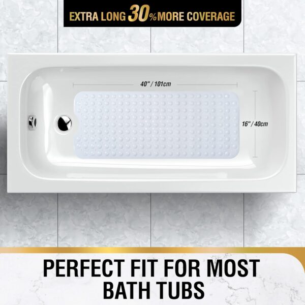 HITSLAM Non Slip Bath Mat for Tub, 101 x 40cm Extra Long Shower Mat Anti Mould, Machine Washable Bathroom Bathtub Mat with Suction Cups and Drain Holes, Soft on Feet, White