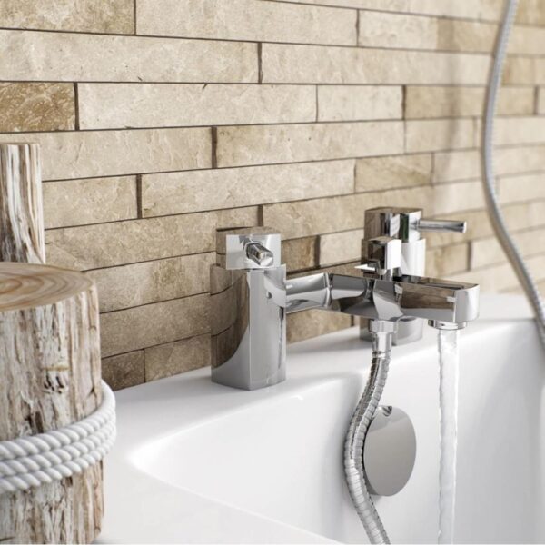 ENKI, Stella, BBT0012, Chrome, Bath Shower Mixer Taps with Twin Rigid Riser Shower Attachment, Solid Brass, Easy Clean, Angular Design, Quarter Turn Valves, Easy to Install, 10-Year Guarantee