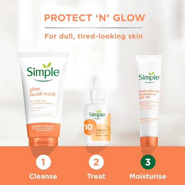 Simple Protect 'N' Glow Triple Protect Moisturiser SPF 30 3x protection against UVA & UVB rays, blue light and pollution all-day hydrating face cream 40 ml