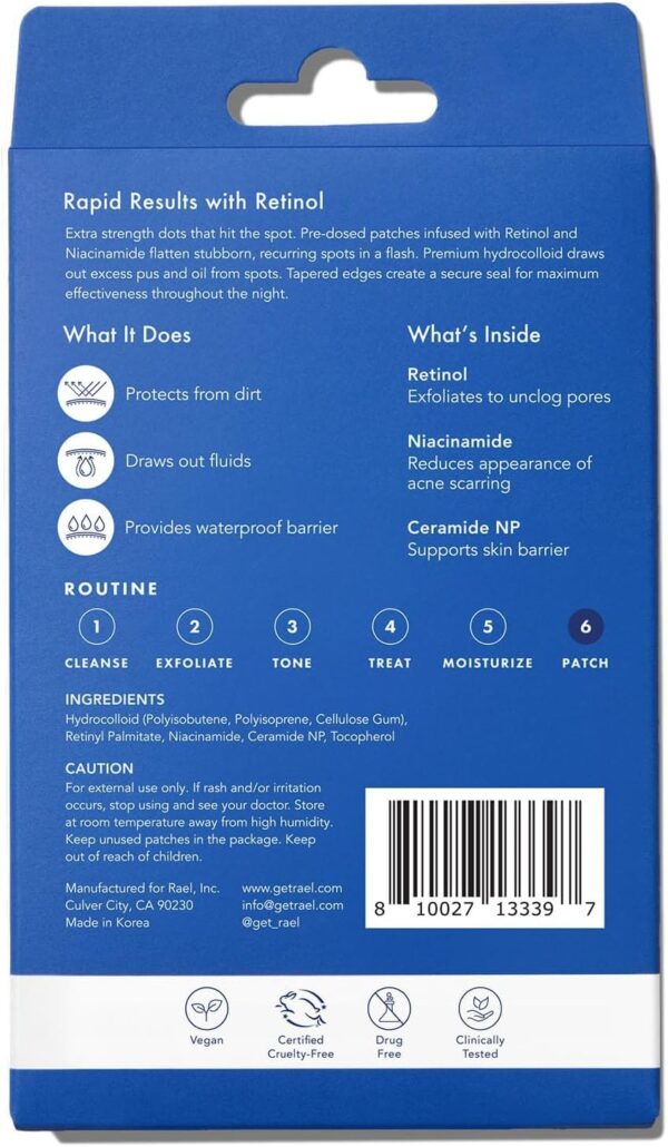 Rael Pimple Patches, Miracle Retinol Spot Cover - Korean Skincare, Hydrocolloid, Acne Spot Treatment Patch, Face Stickers, PM Advanced Treatment, Vegan & Cruelty Free (72 count)