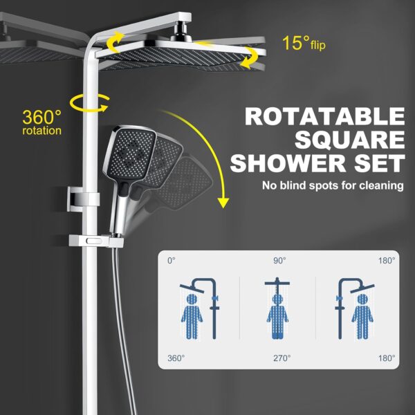 SonTiy Rainfall Shower Set, Square Swivelling Shower Riser Rail with Large Overhead Shower & Brass Diverter, Shower System Without Mixer, 3 Jet Types Handheld Shower, 5-Year Warranty, Chrome