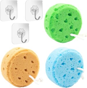 Valicaer Sponges Bath,3Pcs Larger Shower Sponges for Women Men Exfoliating Body Sponge with 2Adhesive Hooks Ultra-Soft Deep Cleansing Bath Sponges for Adults and Kids Shower Bathing Accessories