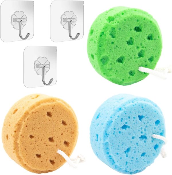 Valicaer Sponges Bath,3Pcs Larger Shower Sponges for Women Men Exfoliating Body Sponge with 2Adhesive Hooks Ultra-Soft Deep Cleansing Bath Sponges for Adults and Kids Shower Bathing Accessories