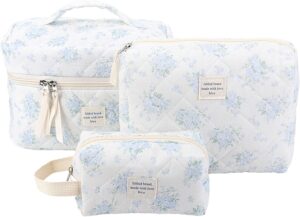 CHAMAIR 3Pcs Coquette Makeup Bag - Quilted Cosmetic Bag Large Make Up Bag Set Aesthetic Floral Toiletry Bag Cotton Travel Skincare Bag for Women Ladies Girls (Style B8)