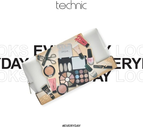 Technic Cosmetic Bag Set - Full Make Up Kit - 14 Mini Essentials for Eyes, Lips, Face & Nails In a Portable Storage Bag - Perfect For Overnight Trips and Holidays - Vegan and Cruelty Free