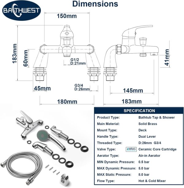 71xxatkCL2L._AC_SL1500_.jpg Bathroom Sink Taps with Shower Head, BATHWEST Modern Bath Tap with Shower Kit, Chrome Single Lever Monobloc Bathroom Shower Mixer Taps 021N