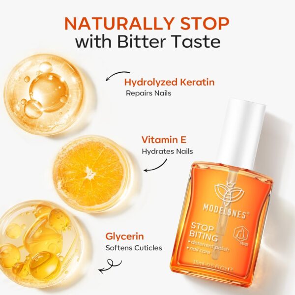 Modelones Nail Biting Treatment, No Bite Nail Polish, Thumb Sucking Deterrent, Promotes Fast Nail Growth, Stop Nail Biting, Easy Application, Quick-Drying Bitter Nail Polish 15 ML