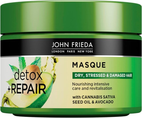 71yA4GNzFlL._AC_SL1500_.jpg John Frieda Detox & Repair Masque 250 ml, Intensive Deep Conditioner for Dry, Stressed and Damaged Hair, Nourishing Hair Mask with Cannabis Sativa Seed Oil and Avocado