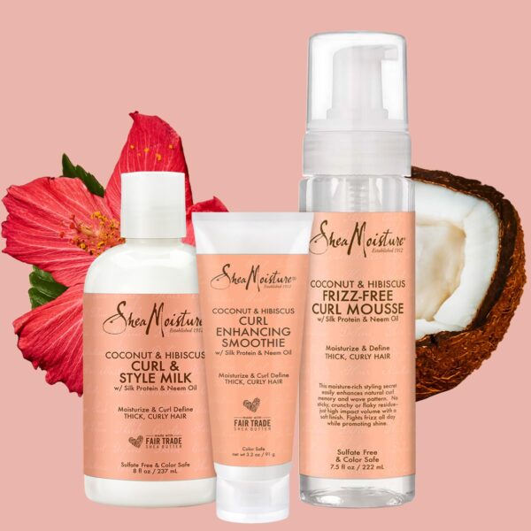 SheaMoisture Coconut & Hibiscus Hair Care Bundle – Curl Enhancing Smoothie, Curl & Style Milk + Frizz Free Curl Mousse (3 Piece Set)