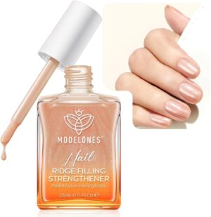 Modelones Nail Care 8 in one Ridge Filling Strengthener Treatment, Nail Polish Strengthener for Damaged and Weak Nails, Nail Hardener Extra Strong and Growth Smoothing Glitter Nude Nail Varnish 15ml