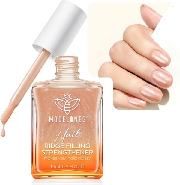 Modelones Nail Care 8 in one Ridge Filling Strengthener Treatment, Nail Polish Strengthener for Damaged and Weak Nails, Nail Hardener Extra Strong and Growth Smoothing Glitter Nude Nail Varnish 15ml