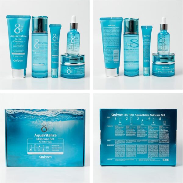Quiyum Skincare Gift Set, 8X H2O AquaVitalize Skin Care Sets & Kits, Cleanser,Toner,Serum,Eye Cream,Face Cream, Pamper Gift Set for Women Mom Birthday, Luxury Glass Face Care Kit for All Skin Types