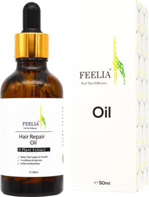 Feelia – Hair Repair Oil, With Argan, Avocado, Jojoba For Dry Damage Hair, Keeps Hair Supple & Smooth, Conditions & Hydrates, Rich in Vitamin E, 9 Plant Extract – 50ml