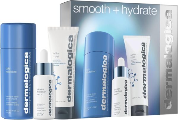 Dermalogica Smooth and Hydrate Gift Set, Full-Size Daily Milkfoliant 74g, Circular Hydration Serum 30ml, Active Moist Moisturiser 50ml, Skincare Set, Pack of 3