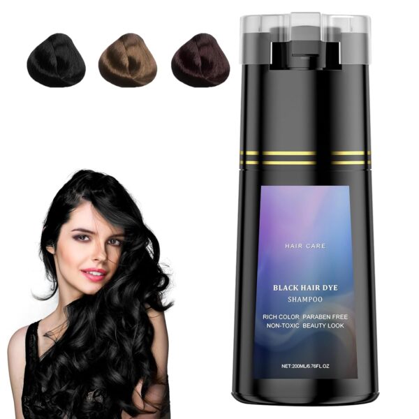 Hair Dye Shampoo, Instant Natural Hair Color for Gray Hair Coverage, Haircare & Color Treatment for Women & Men, Long-Lasting Gray Coverage Shampoo for All Hair Types (Black, 200ML)