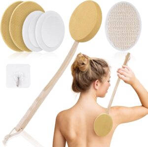 URAQT Back Cream Applicator, 7 Pack Lotion Applicator for Back, 2 in 1 Body Brush Back Scrubber for Self Application and Shower, Long Wooden Handle Back Applicator with 4 Pads, Bath Brush and Hook