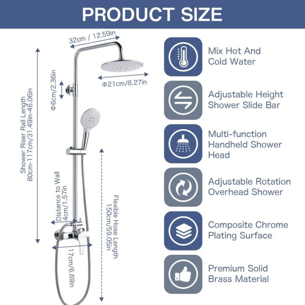 Coleniny Shower System with Diverter Chrome, Shower Mixer Set with 21cm Round Overhead Rainfall Shower Head, 3-Function Handheld Shower, Riser Rail, Adjustable Height Anti Scald Shower Set