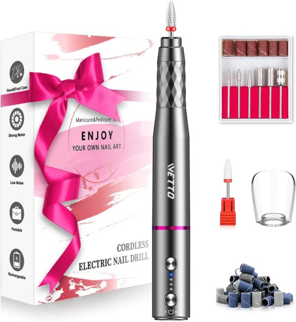 IVETTO Professional Electric Nail Drill, Cordless Nail Drill Machine with Ceramic Nail Bit for Acrylic, Gel Nails, Manicure Pedicure Polishing Shape Tools Design for Home Salon Use(Grey)