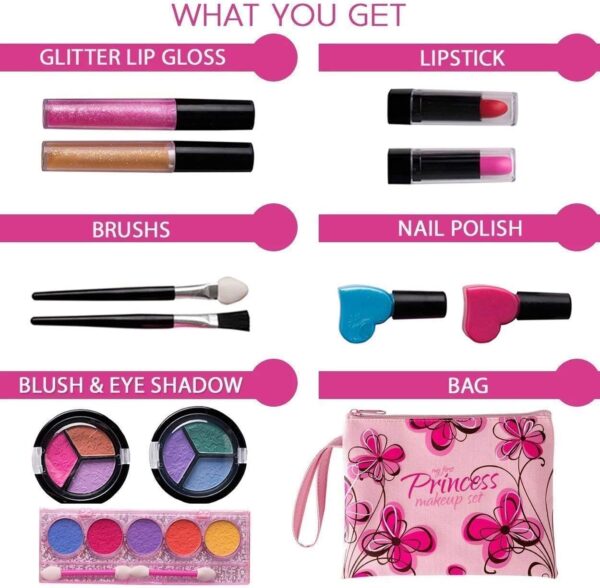 Playkidiz My First Princess Make Up Kit – Kids Washable Makeup Set for Girls – Non-Toxic Pretend Play Cosmetic Beauty Toy Set with Bag – Party Set for Girls, Birthday, Halloween & Dress Up