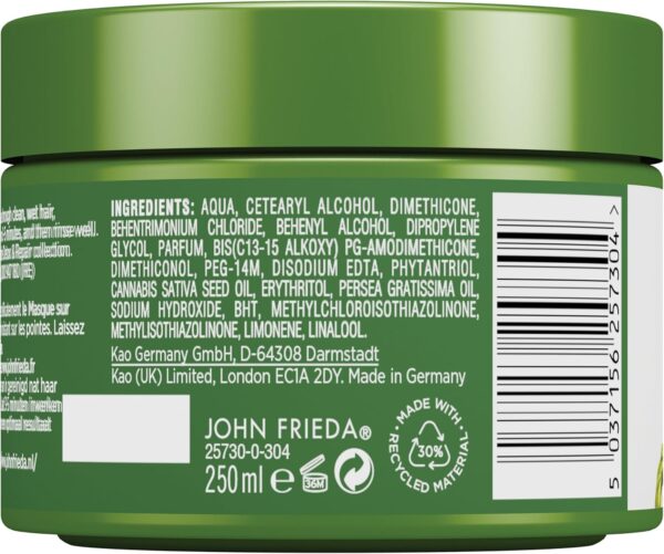 81NTBGfZUL._AC_SL1500_.jpg John Frieda Detox & Repair Masque 250 ml, Intensive Deep Conditioner for Dry, Stressed and Damaged Hair, Nourishing Hair Mask with Cannabis Sativa Seed Oil and Avocado