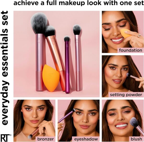 Real Techniques Everyday Essentials + Makeup Sponge Kit, Makeup Brushes and Makeup Blender Sponge, For Foundation, Blush, Bronzer, Eyeshadow, and Powder, Synthetic Bristles, Cruelty Free, 5 Piece Set