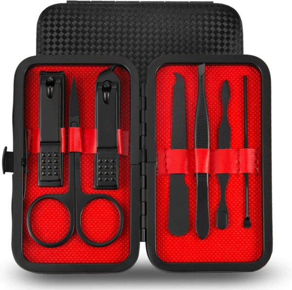 Manicure Pedicure Set Nail Clippers Kit 7 Pcs Stainless Steel Hygiene Kit Portable Nail Trimming set and Grooming Tools with Fine Leather Case [Gift Box] (Black)