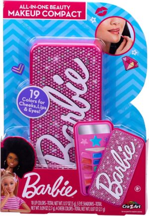 Barbie All in one Beauty Makeup Compact with 19 on trend colours for cheeks, lips and eyes Official Barbie merchandise