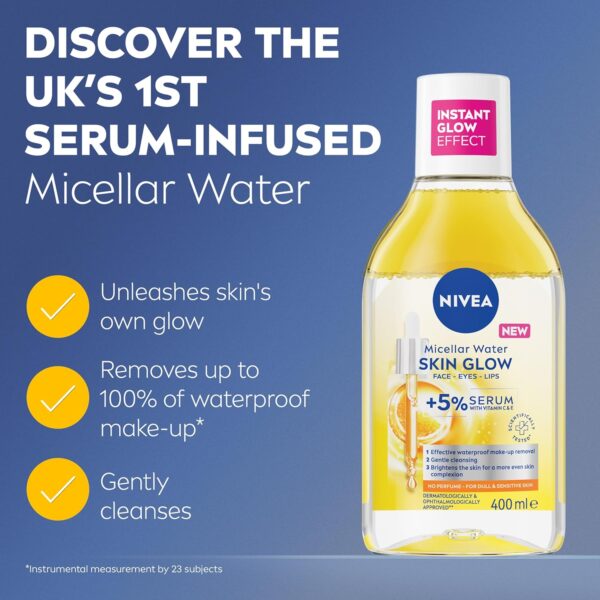 NIVEA Skin Glow Serum Infused Micellar Water (400ml), Revitalising Micellar Cleansing Water with Amino Acid and 5% Vitamin C and E, Gentle Waterproof Makeup Remover