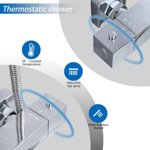 81-nED-iKWL._AC_SL1500_.jpg Biubiubath Thermostatic Shower Mixer, Anti-Scald Exposed Mixer Shower,Height Adjustable Riser Rail Kit, Square Handheld & 8 inches (200mm) Overhead Rainfall Shower,Chrome Silver