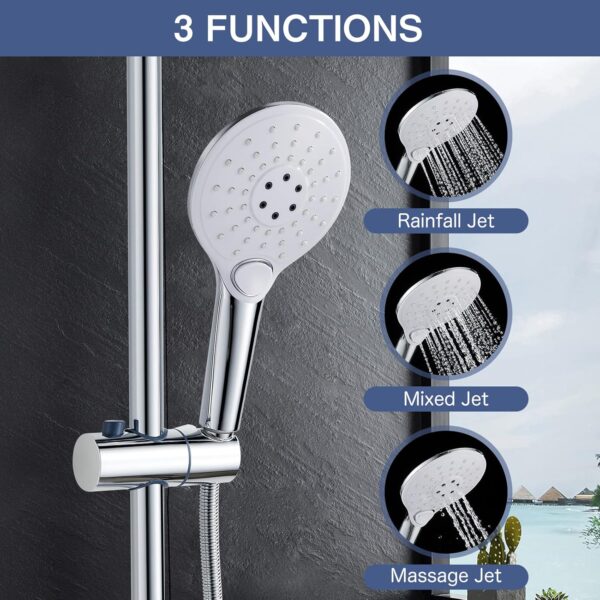 Coleniny Shower System with Diverter Chrome, Shower Mixer Set with 21cm Round Overhead Rainfall Shower Head, 3-Function Handheld Shower, Riser Rail, Adjustable Height Anti Scald Shower Set