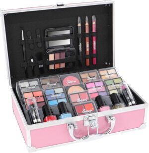 LOVE URBAN BEAUTY Hot Pink Makeup Vanity Case – 82-pcs Vegan Makeup Kit for Teens and Women with Eyeshadow, Blusher, Lipsticks and Nail Products – Fun Travelling Makeup Vanity Case for Girls