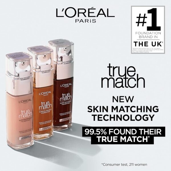 L'Oreal Paris True Match Liquid Foundation, Skincare Infused with Hyaluronic Acid, SPF 16, Available in 40 Shades, 2N Vanilla, 30 ml