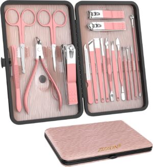ZIZZON Manicure Set 18 in 1 Professional Pedicure Set Nail scissors Grooming Kit with Leather Travel Case Pink