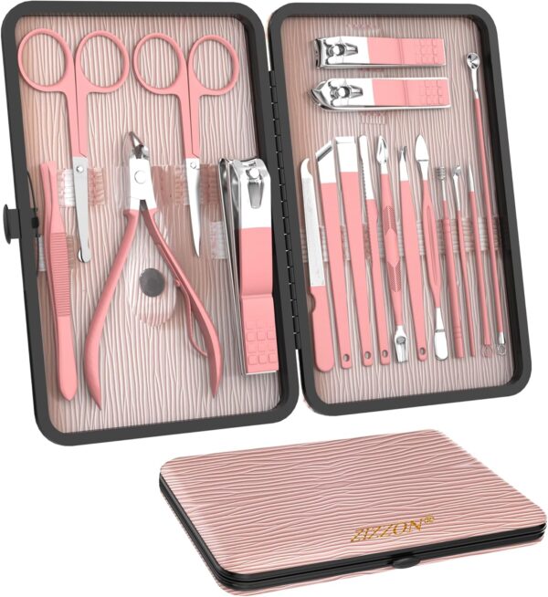 ZIZZON Manicure Set 18 in 1 Professional Pedicure Set Nail scissors Grooming Kit with Leather Travel Case Pink