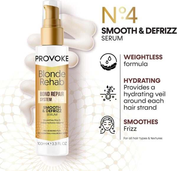 PROVOKE Blonde Rehab N0'4 Smooth and DeFrizz Bond Repair Hair Serum 100 ml, Smoothes Frizz and Restores Volume in 1 Wash with Pro Bonding Complex, Keratin and Hyaluronic Acid, for Blonde Damaged Hair