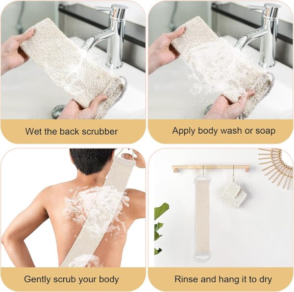 COMNICO 2pcs Exfoliating Body Scrubber, Natural Hemp Back Scrubber Exfoliator Loofah Shower Bath Wash Deep Cleaning Glove and Strap Dead Skin Removal for Men Women(White)