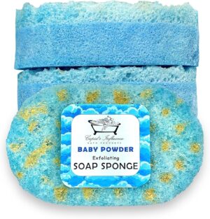 Baby Powder Exfoliating Soap Sponge | Shower Soap | Soap Filled Sponge | Shower Puff | Exfoliating Body Wash | Tan Remover & Body Scrub | SLS Free Soap | Small Gifts Bath Products | Stocking Fillers