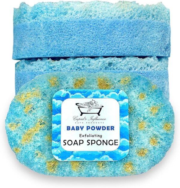 Baby Powder Exfoliating Soap Sponge | Shower Soap | Soap Filled Sponge | Shower Puff | Exfoliating Body Wash | Tan Remover & Body Scrub | SLS Free Soap | Small Gifts Bath Products | Stocking Fillers