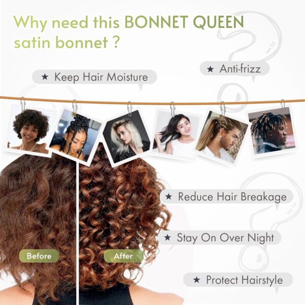 BONNET QUEEN Silk Bonnet for Sleeping Women Satin Bonnet Hair Bonnet Night Sleep Cap Scarf wrap for Curly Hair with tie Band Black