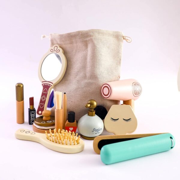 Pretend Makeup Sets Montessori Wooden Toy Kit Pretend Makeup Play Dress Up Kit for Toddler Children & Little Girls Fake Makeup Cosmetic with Hair Dryer, Mirror, Perfume Gifts Ages 3 +